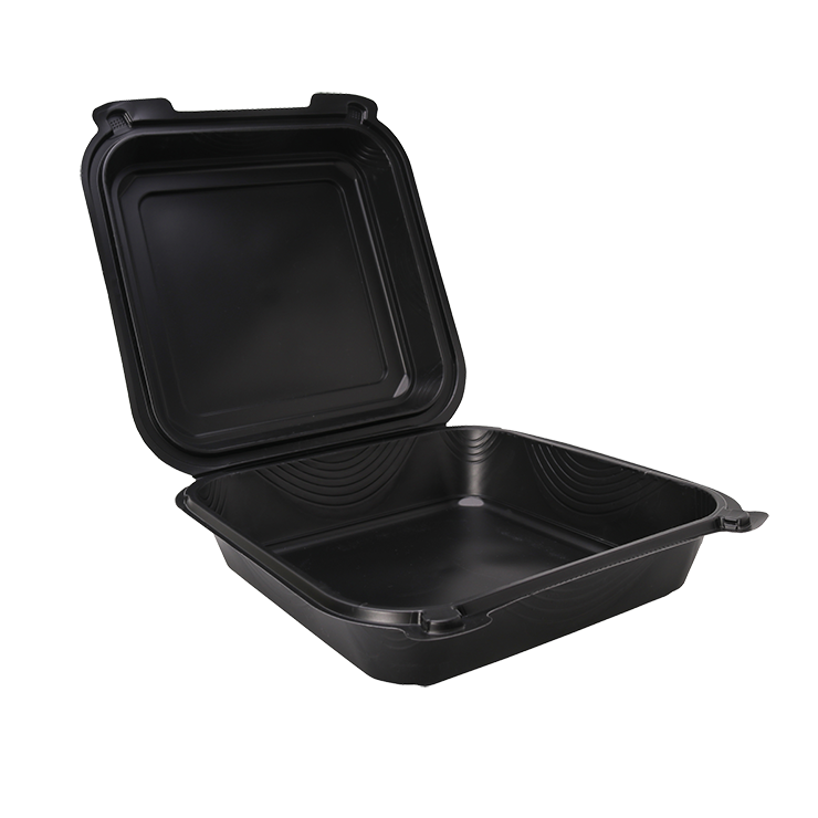 Sunshine Supply offers these one compartment eight inch hinged black food containers for your business.