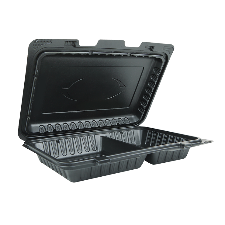 For your food business consider this two compartment nine inch rectangular hinged food container from Sunshine Supply.