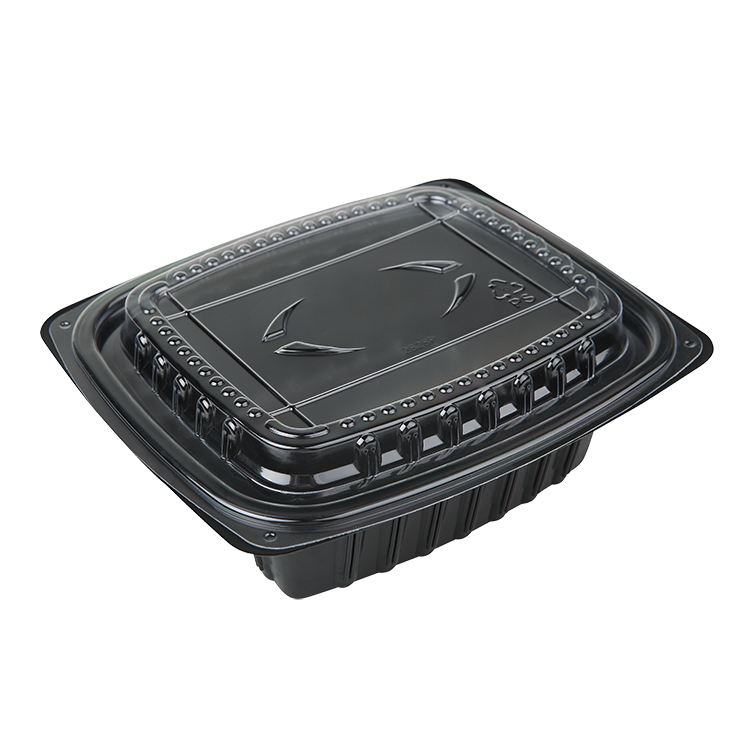 This 28 ounce one compartment rectangular anti-fog food container in black is available from Sunshine Supply Company.