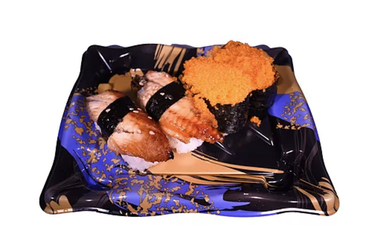 Serve food to customers in style with a black patterned square sushi plate provided by Sunshine Supply Company.