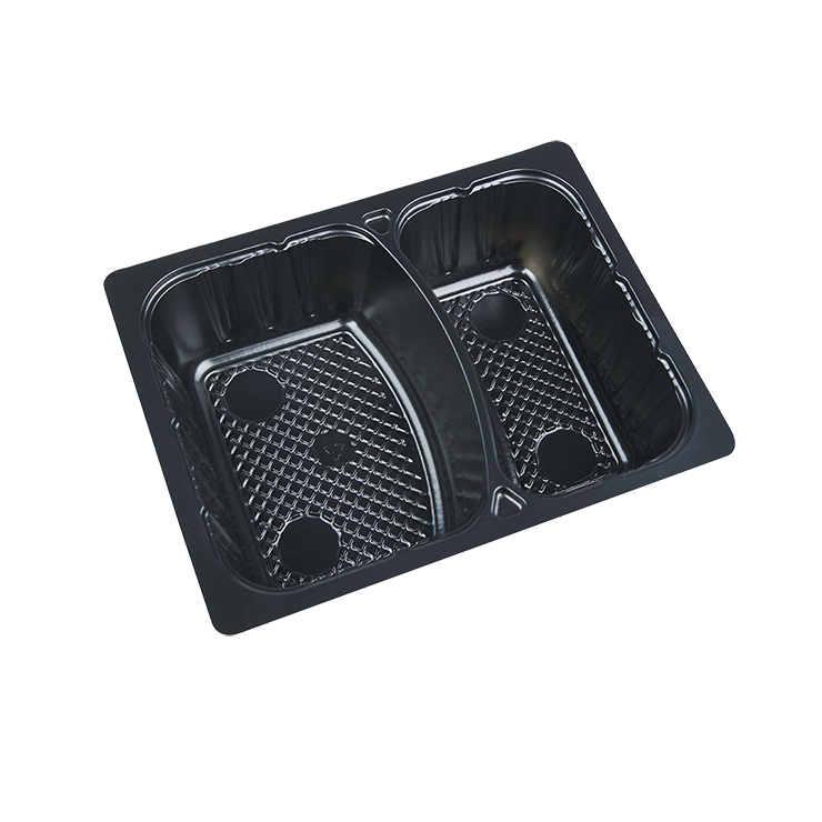 Sunshine Supply Company provides food businesses with these 2 compartment black film-sealed snack trays.