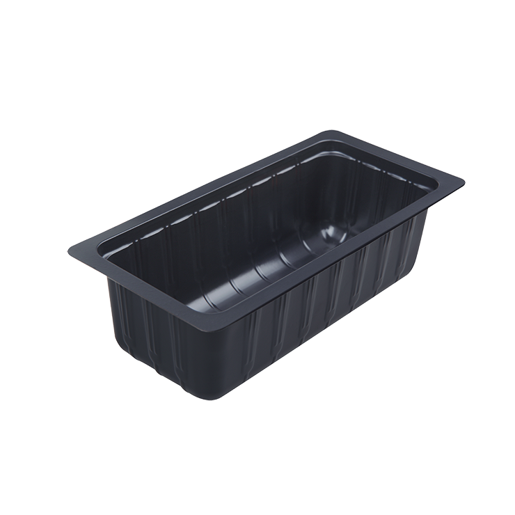 Get the hot dog to go with the Sunshine Supply Company black film-sealed medium hot dog food container.