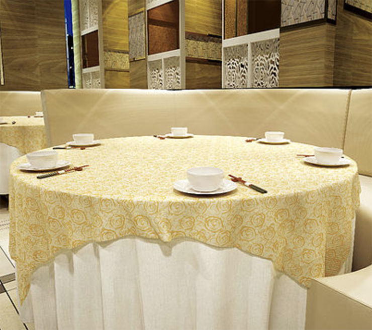 Contact Sunshine Supply for this medium sized tablecloth decorated with gold roses for your dining room.