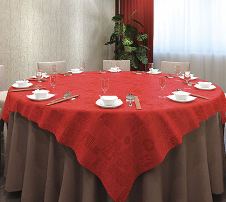 Add color to the dining room with a small red plastic Chinese tablecloth from Sunshine Supply Company.