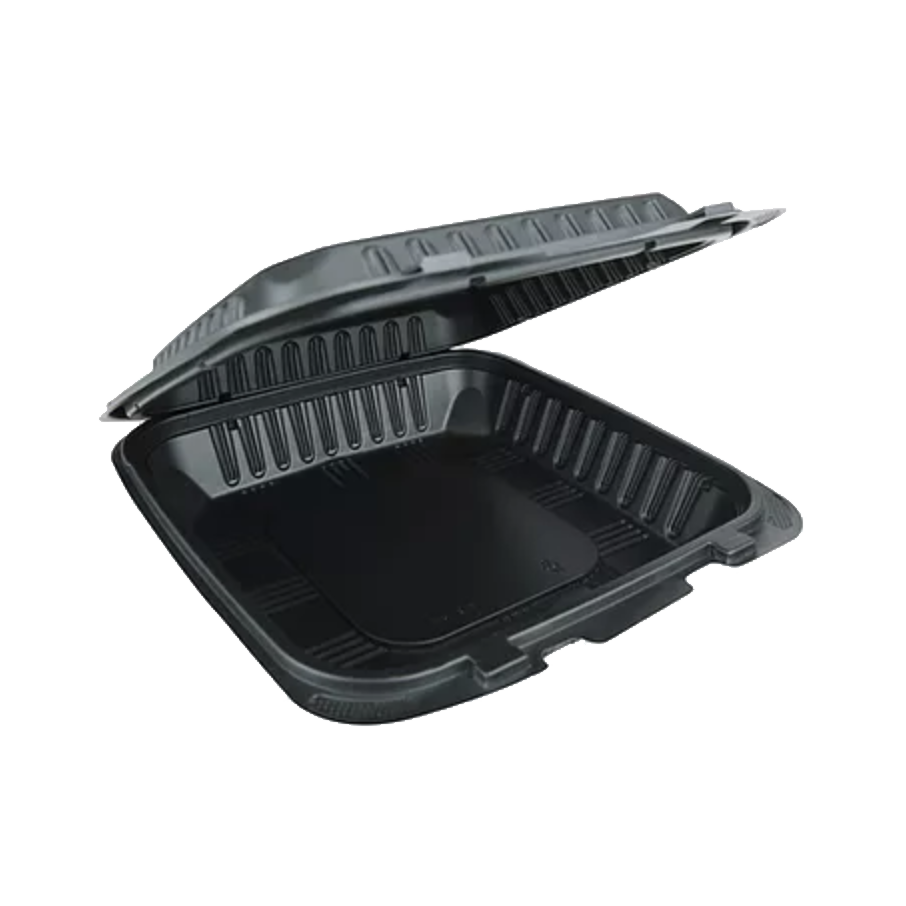 Sunshine Supply Company can provide your restaurant business with this black one compartment nine inch hinged food container.